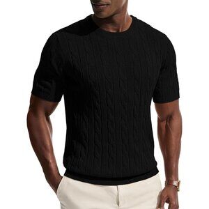 Men's Black Crewneck Tee Shirt Cable Knit Tee Imported Short Sleeve T-shirts